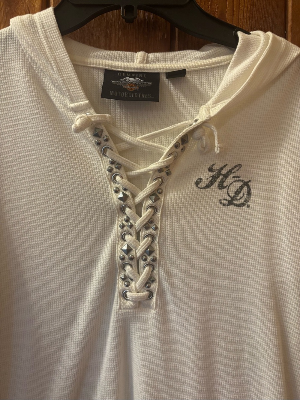 White Lace-Up thermal Hoodie Top with Script logo - Picture 2 of 6